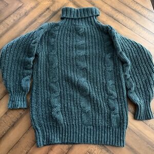 Vtg Laura Ashley Wool Green Turtleneck Fisherman Chunky Sweater One Size
